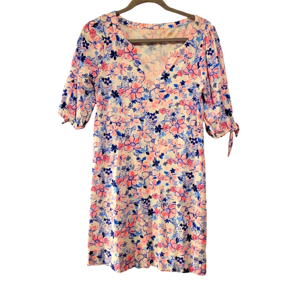 Lilly Pulitzer, Easley Shift Aline Dress, V-Neck, Floral, 3/4 Sleeves w/ Ties,Md